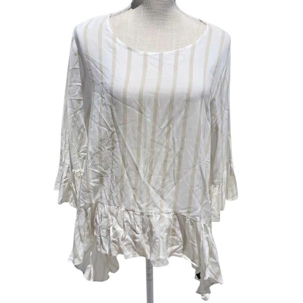 Striped Ruffle Hem Tunic Top Bell Sleeve Casual Blouse Flowy